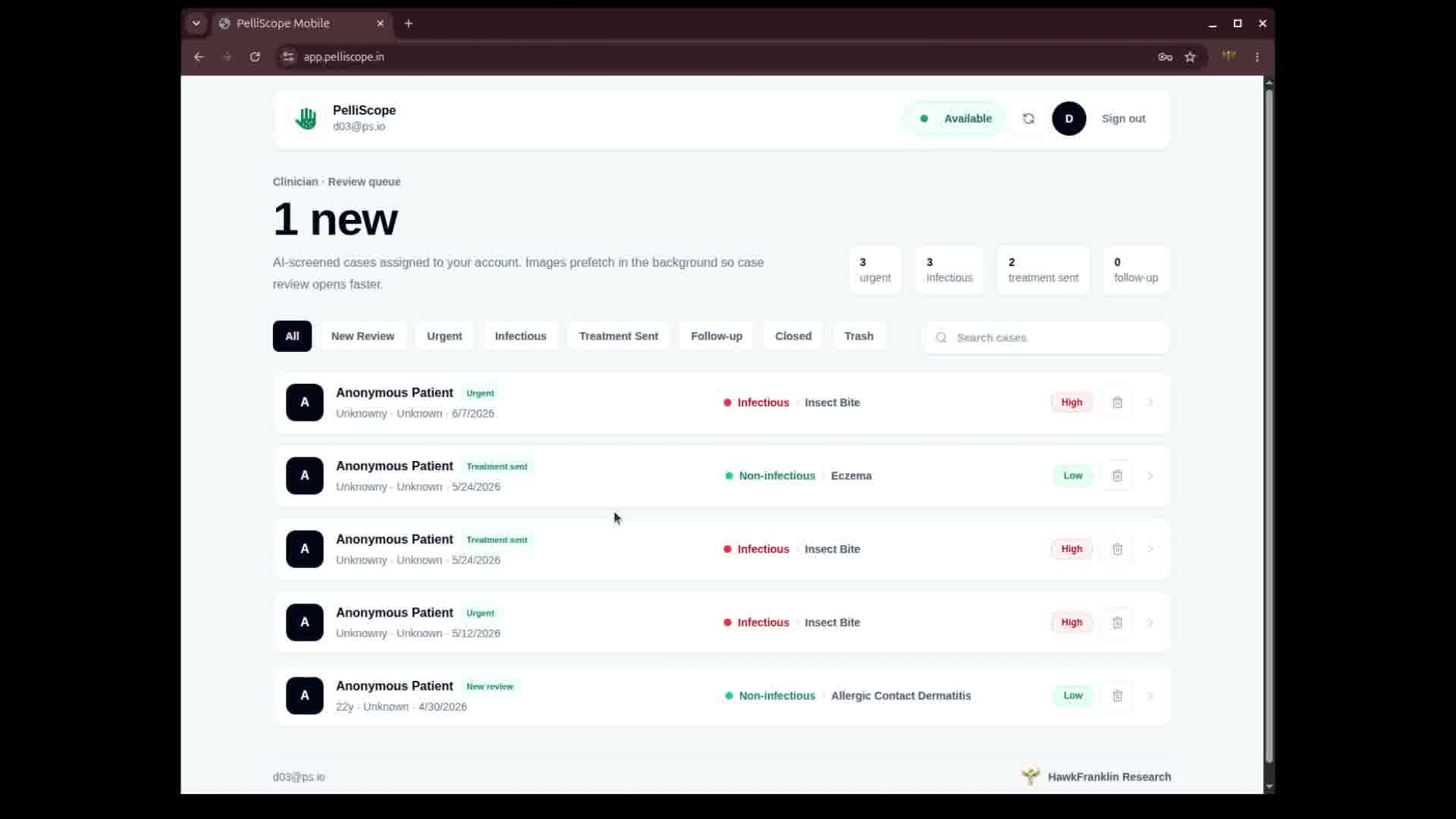 PelliScope clinician dashboard showing an organized case queue