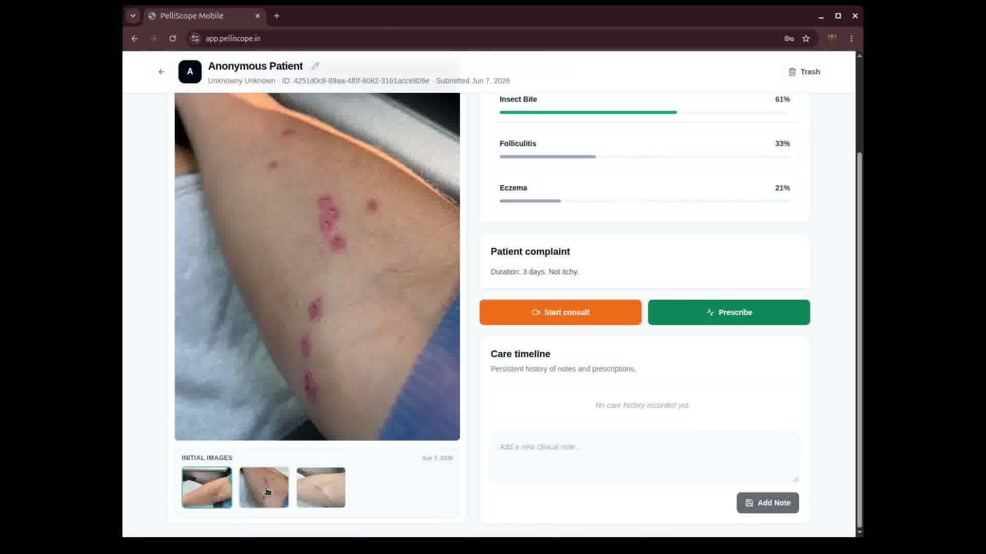 Structured patient case with photographs and history in the clinician workspace