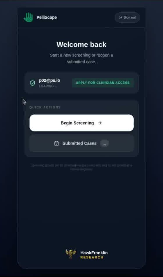 PelliScope patient screen offering a guided skin-concern intake
